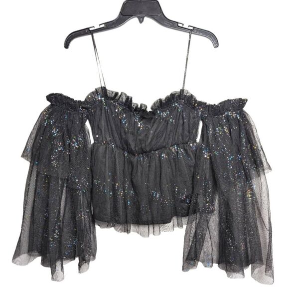 Symphony Black Iridescent Sequin Mesh Ruffle Off-Shoulder Bell Sleeve Top S - Picture 3 of 7